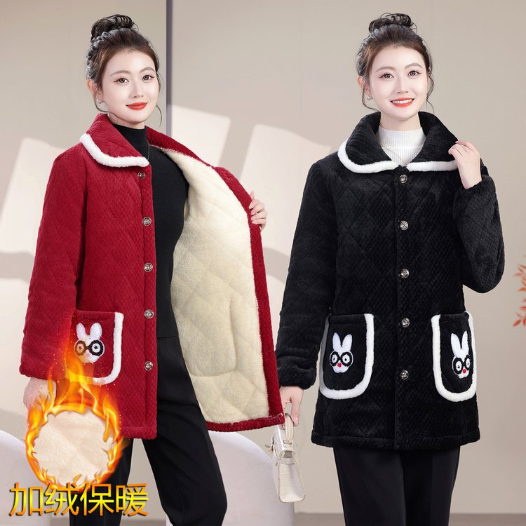 Warm Mid-Length Home Wear for Women, Fleece-Lined and Thickened, Anti-Dirt Cover-Up, Stylish and Warm, Autumn and Winter Cotton-Padded Jacket