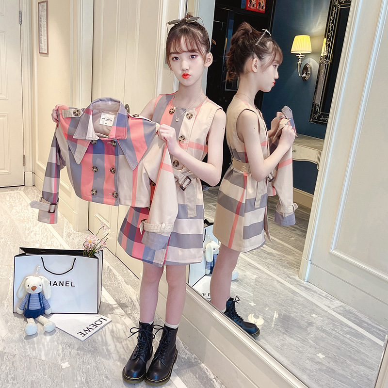 Girls Spring and Autumn New Girls' Suits Autumn Clothes Big Boys Korean Version of the Western-style Floral Plaid Jacket Sunset Skirt Two-piece Set