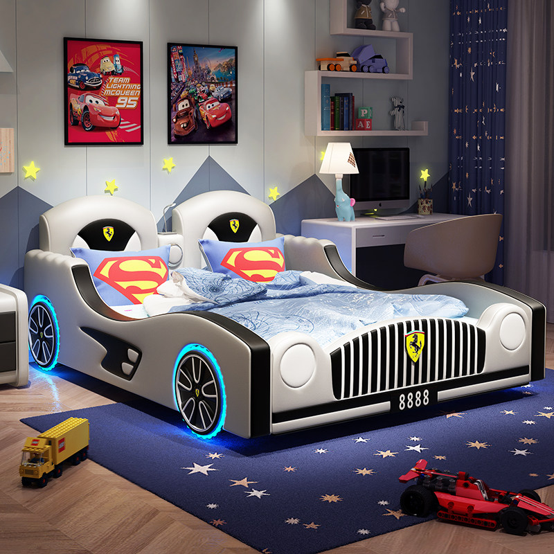 Children's creative boy's bed with guardrail cartoon car bed 1 5 meters solid wood multifunctional boy's sports car single bed
