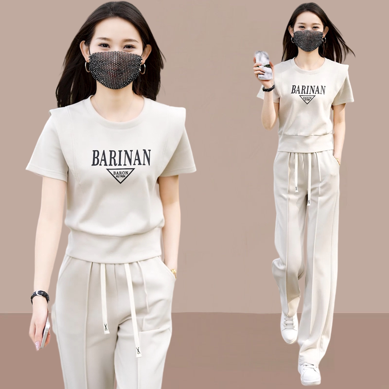 Fashionable Casual Sportswear Set for Women 2025 Summer New Style Flutter Sleeve Short-Sleeve Top Wide-Leg Pants Two-Piece Trendy Set