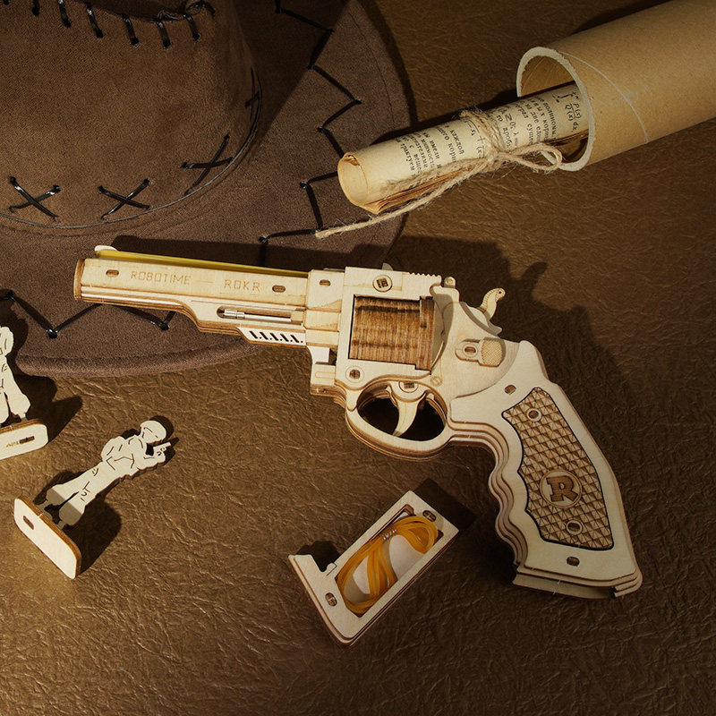 rokr Remington rubber band pistol Wooden puzzle three-dimensional 3d model assembly handmade DIY gift toy