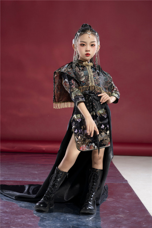 National Trend Girls' Waistcoat Cheongsam Tail Chinese Style Model Catwalk Children's Clothing t Stage Fashion Domineering Black Dress