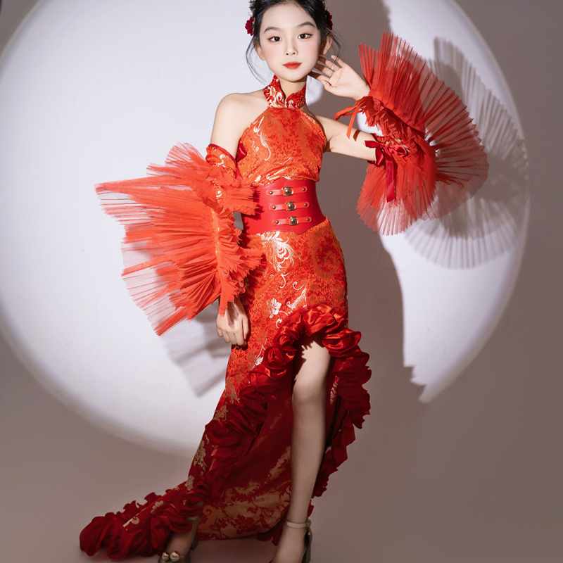 Girls' Runway Show National Trend Dress, Bright Red Chinese Style Cheongsam, Photography Model Host, Chinese-Style Republic of China Performance Costume Girls' Runway Show National Trend Dress, Bright Red Chinese Style Cheongsam, Photography Model Host, Chinese-Style Republic of China Performance Costume