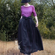 Nghệ thuật ban đầu của phụ nữ ramie màu tím khâu openwork váy nữ thần fan bông và vải lanh eo giảm béo váy mùa hè - Váy dài