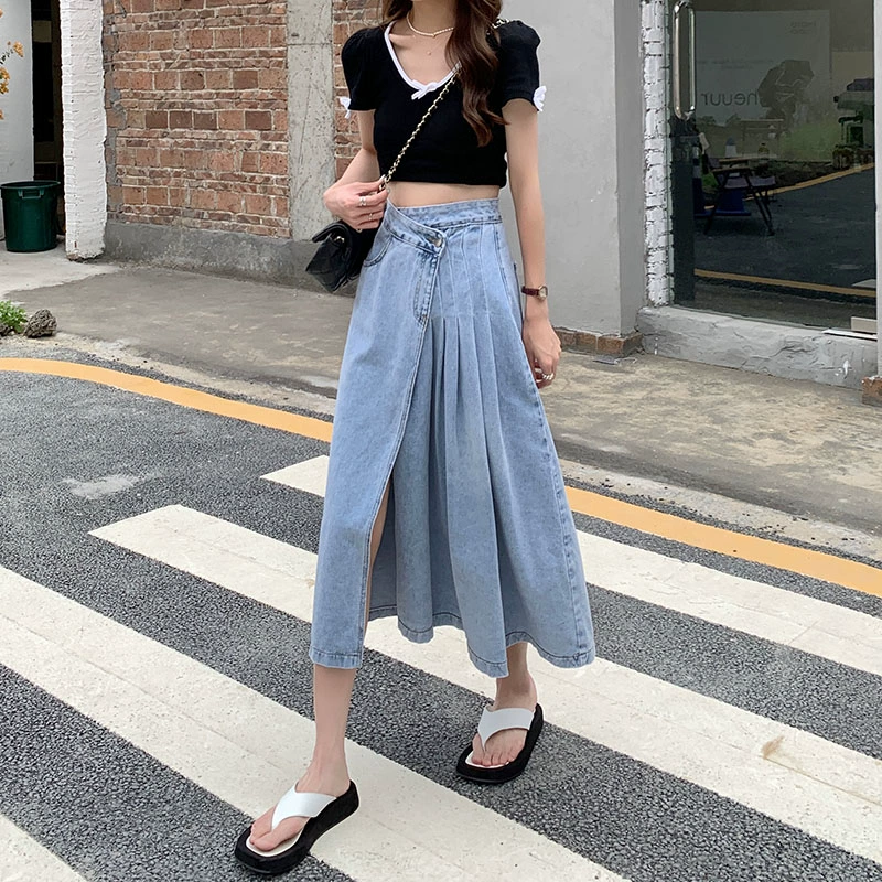 blue denim Skirt Women 2021 Korean style Irregular Long Jeans Skirt High Waist a line Pleated Skirts Long For Womens(78675 denim skirt