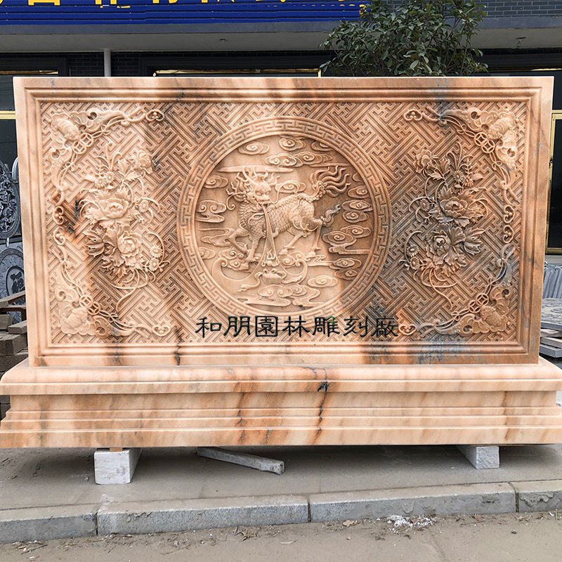 Stone carving relief according to the wall sunset red marble carving screen courtyard ornaments background wall shadow wall unicorn double dragon blue