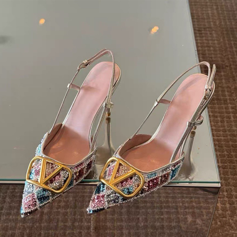2026 Spring/Summer New Sexy Pointed Toe Sequin Stiletto High Heel Sandals for Women with Rhinestone Metal Buckle and Open Back