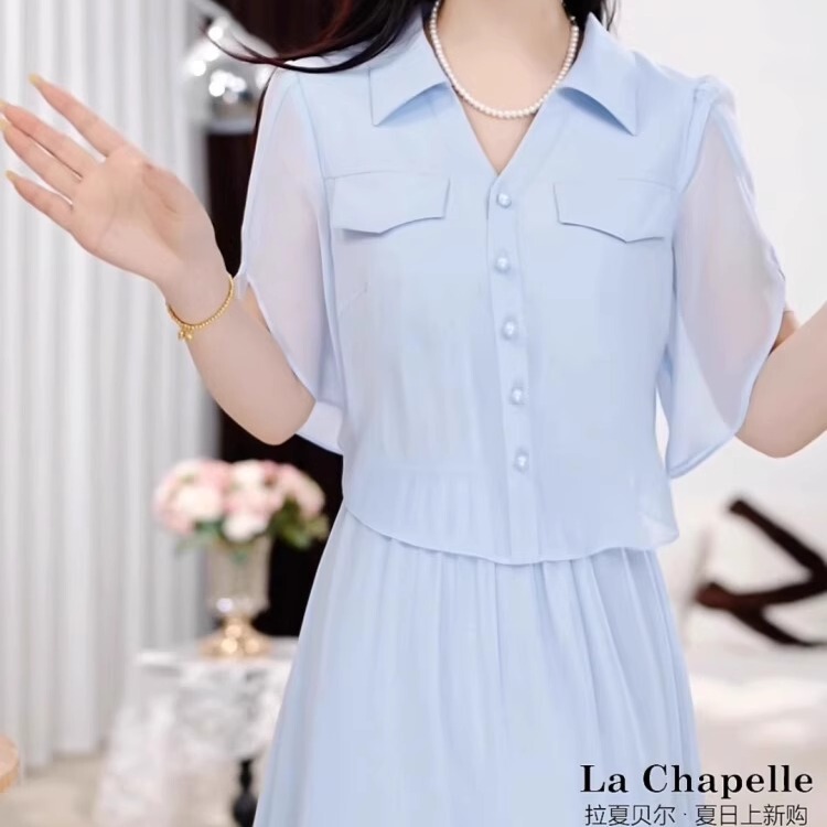 Summer French-Style Design Slimming Elastic Waist Fake Two-Piece Short-Sleeved Dress