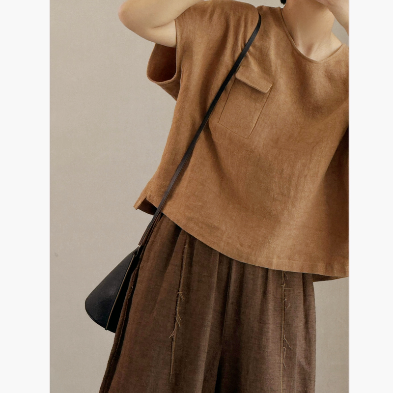 Summer New Style Relaxed Niche Design Loose Fit Linen Round Neck Short Sleeve Shirt T-Shirt for Women Summer New Style Relaxed Niche Design Loose Fit Linen Round Neck Short Sleeve Shirt T-Shirt for Women