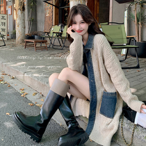 Maternity coat womens autumn and winter denim splicing knitted cardigan sweater 2023 new loose thickened fashionable autumn clothing