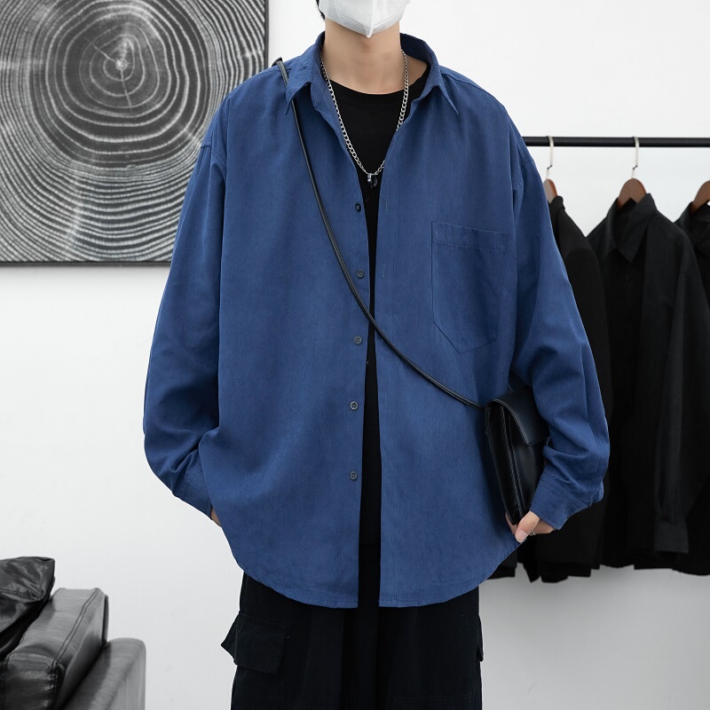 Spring and Autumn Loose Long-Sleeved Shirt for Men with Pockets, Casual Hong Kong Style Japanese Boyfriend Shirt, Solid Color Light Mature Style Jacket