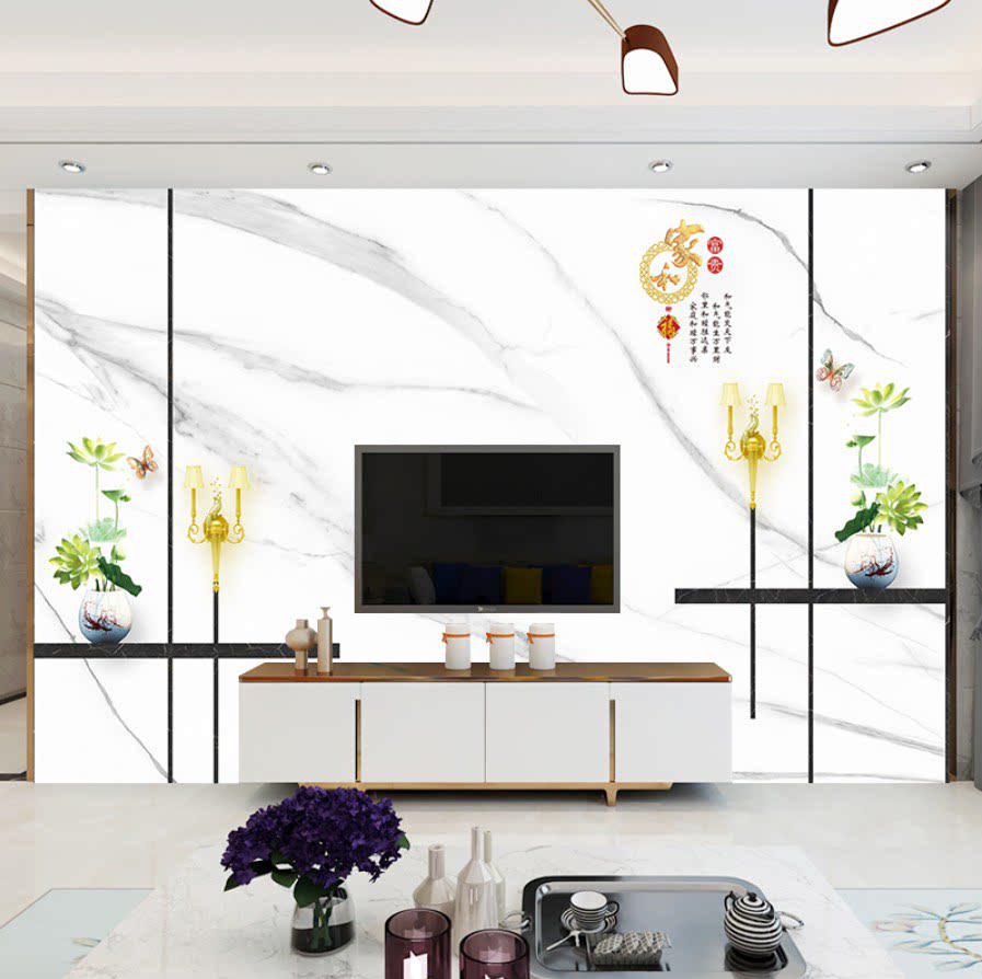 Whole house custom marble pattern TV background wall bamboo wood fiber integrated wall panel 3D high-gloss assembled wall panel