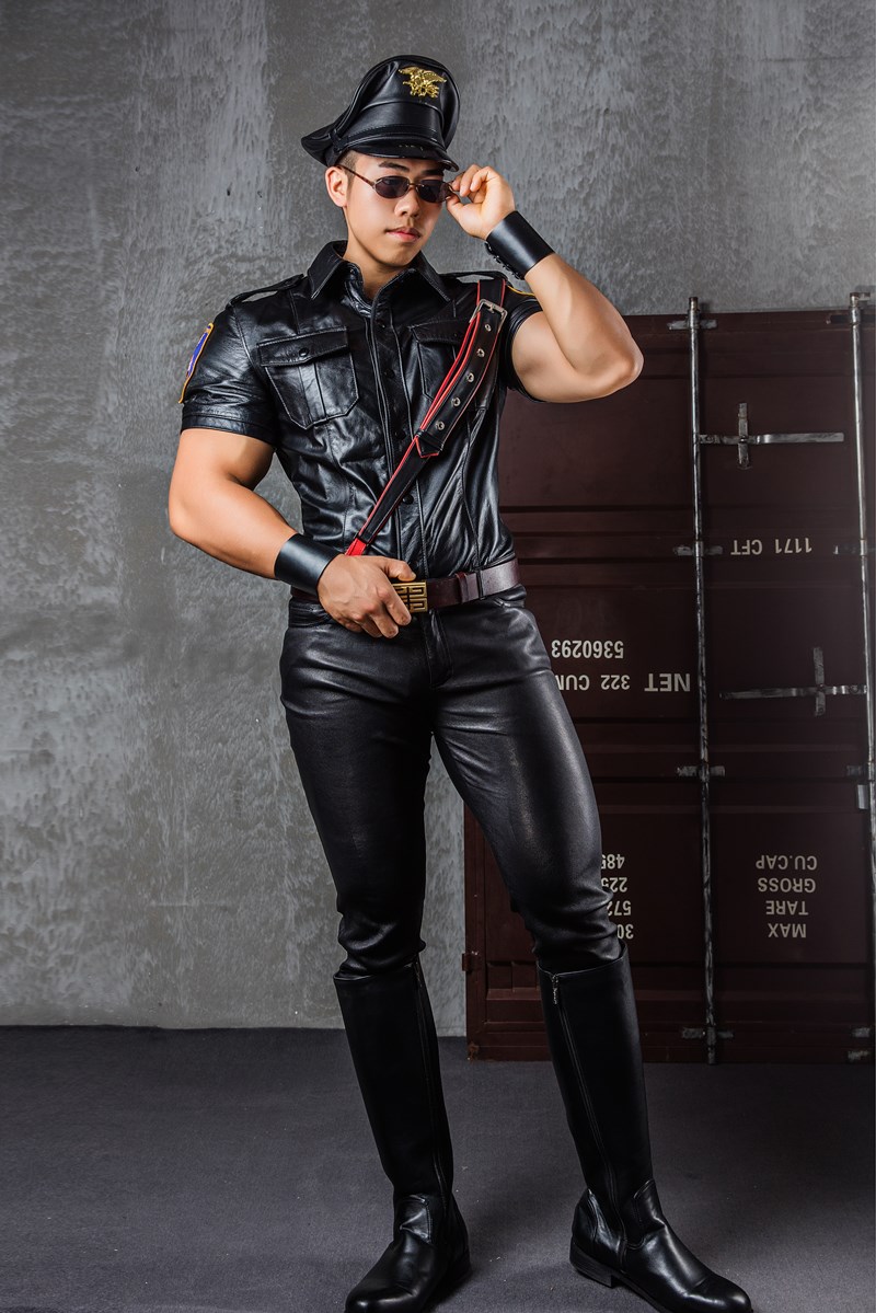 High-end custom genuine leather cow leather short sleeve shirt uniform leather lover Shang pint men's stage game leather man