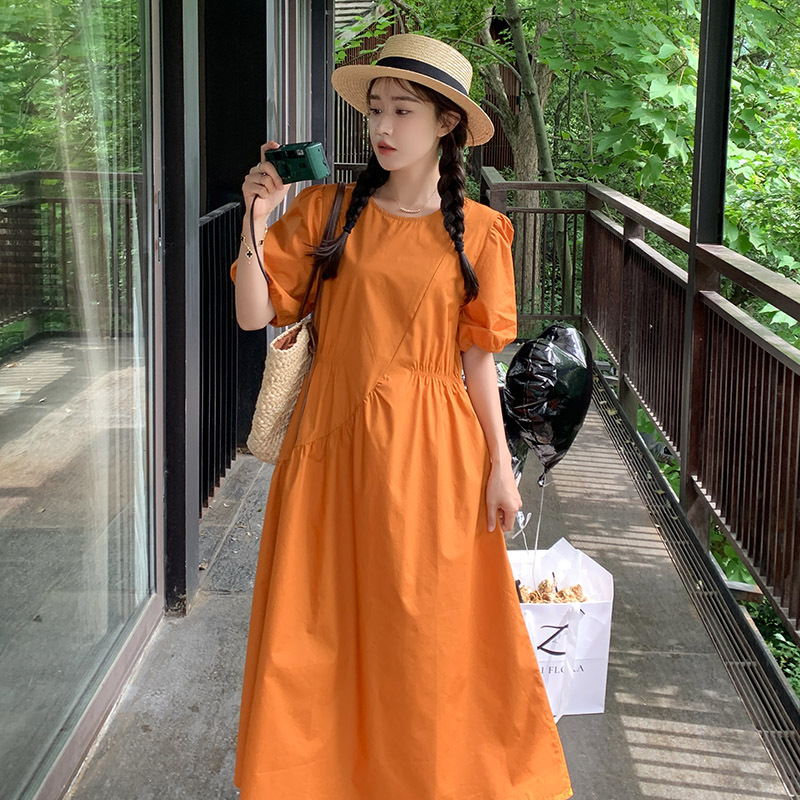 Orange Puff Sleeve Dress for Women, Summer 2025 New Design, French Tea Break Romantic Style, Elegant Long Dress
