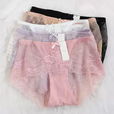 Ladies full lace sexy mesh ultra-thin transparent lace seamless middle waist triangle hip underwear