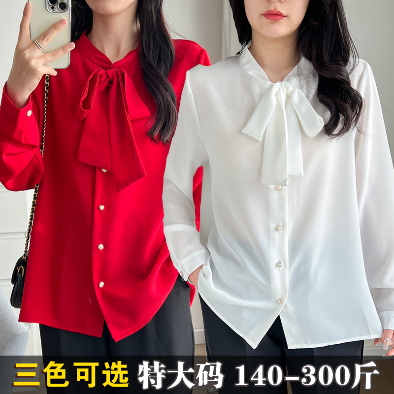 150kg Extra Large Size Ol Style Long Sleeve Chiffon Shirt for Women 200+ Fat mm Spring and Autumn 2024 Bow Tie Ribbon Blouse