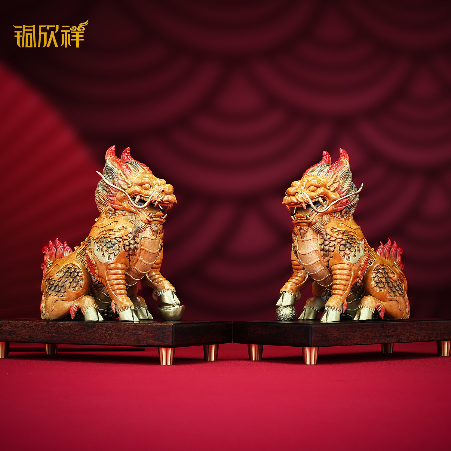 縁起の良い青銅製の麒麟の置物一対。家庭やオフィスの装飾、開店祝いや新築祝いのビジネスギフトに最適です。