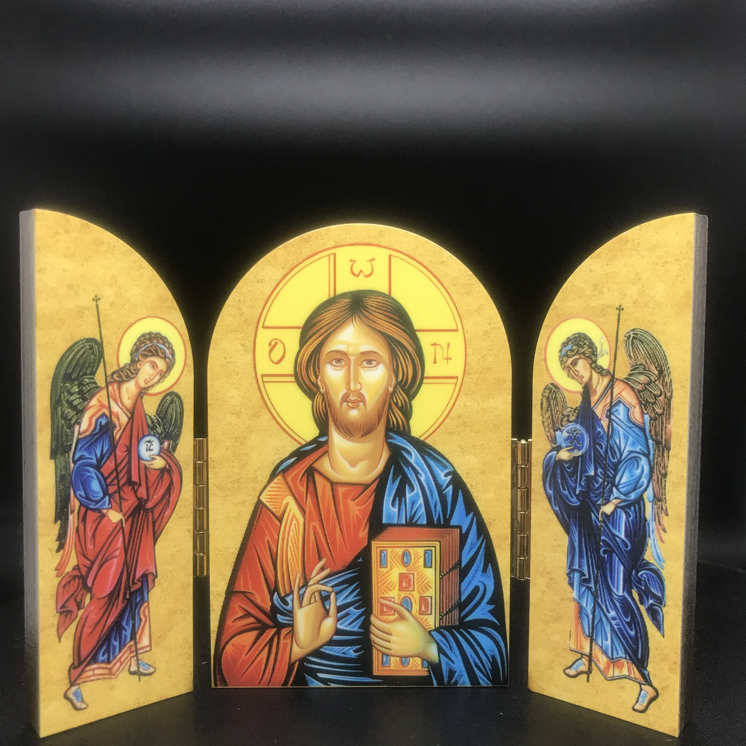Italy imported wooden icon painting three-open ornament Jesus Almighty Statue 10x13cm