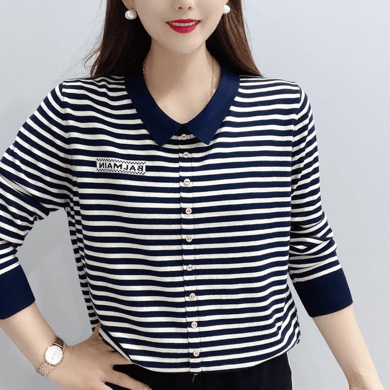 Small Lapel Striped Women's Knitwear 2025 Spring and Autumn New Style Plus Size Fashionable Versatile Base Shirt Loose Sweater for Women