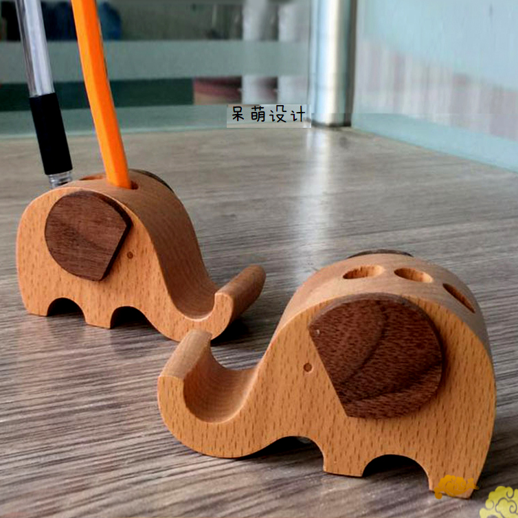 Solid Wood Holder Office Desktop Mobile Phone Rack Creative Cartoon Pen Inserts Expandable Business Card Flat Multifunction Gift