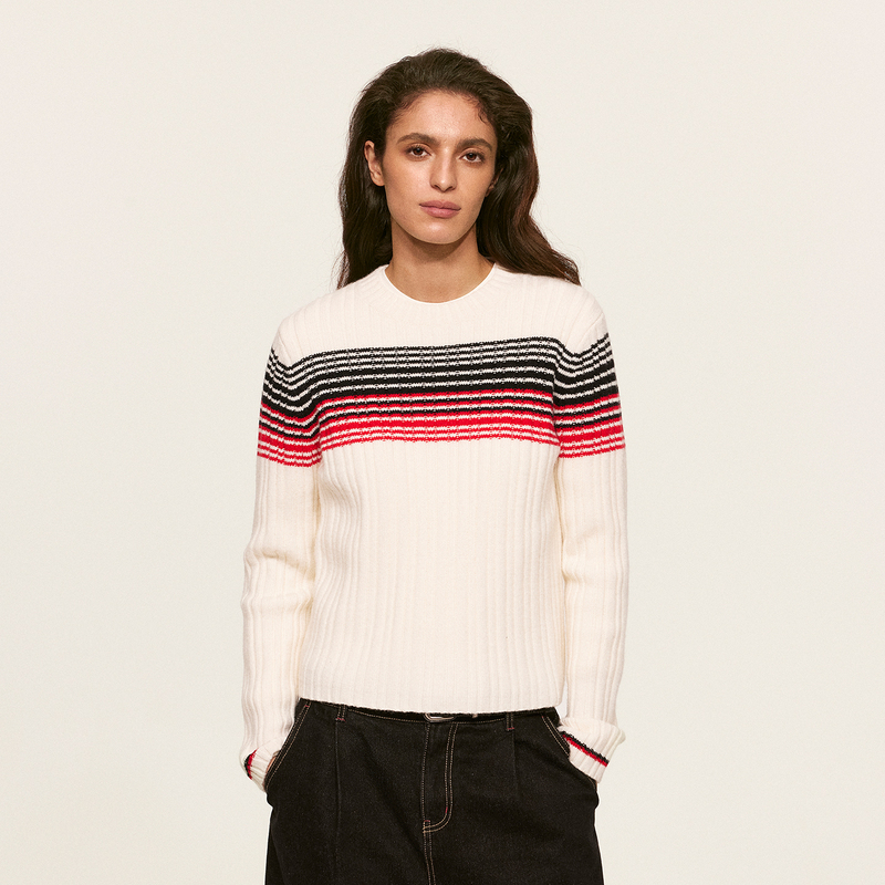 Oyea Autumn and Winter Striped Round Neck Sweater for Women, Retro Color-Blocking Ribbed Slim-Fit Long-Sleeve Knit Base Shirt