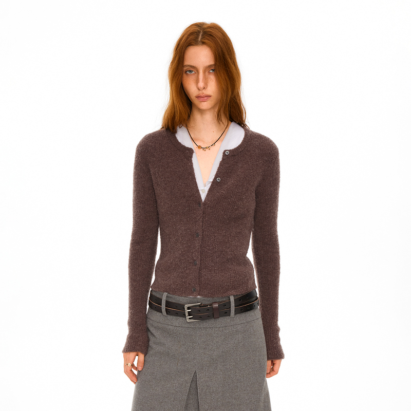 Oyea Loop-Yarn Slim Fit Round Neck Straight Shoulder Knitted Cardigan Sweater