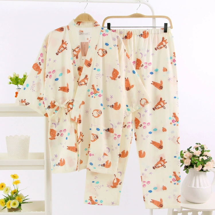 Mùa xuân và mùa hè đôi gạc cotton đôi mẫu tay áo bảy điểm + quần pyjama đặt dịch vụ tại nhà 2-2 7-2 đồ ngủ pijama