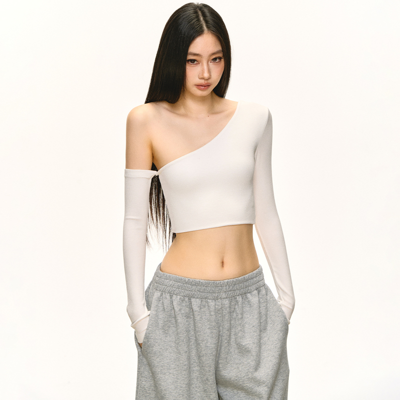 Anna Aneae Rayon Off-Shoulder Long-Sleeve T-Shirt for Women, Spring and Autumn, Unique and Niche Short Style, Waist-Revealing Base Top