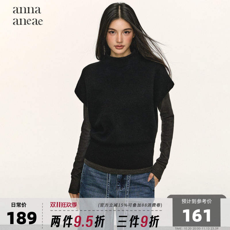 Anna Aneae High-Neck Layered Chic Short-Sleeve Vest 100% Wool Half-High Collar Casual Knit Top for Women New Anna Aneae High-Neck Layered Chic Short-Sleeve Vest 100% Wool Half-High Collar Casual Knit Top for Women New