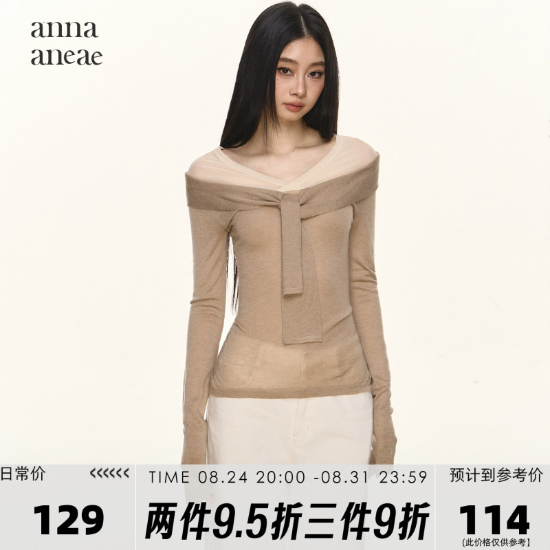 Anna Aneae Fake Two-Piece Inner Layering Shirt for Women, Autumn and Winter Design with Bow Tie, Long-Sleeved Trendy Top