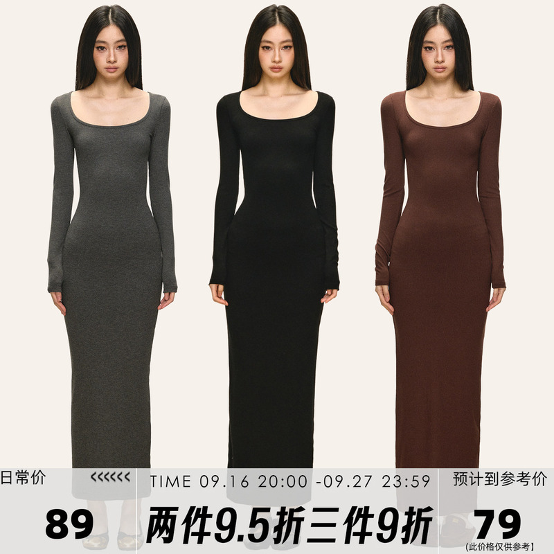 Anna Aneae Knitted Long-Sleeved Dress for Women, Autumn and Winter Inner Layer, Gray Slim-Fitting Hip-Hugging Skirt, A-Line Long Skirt
