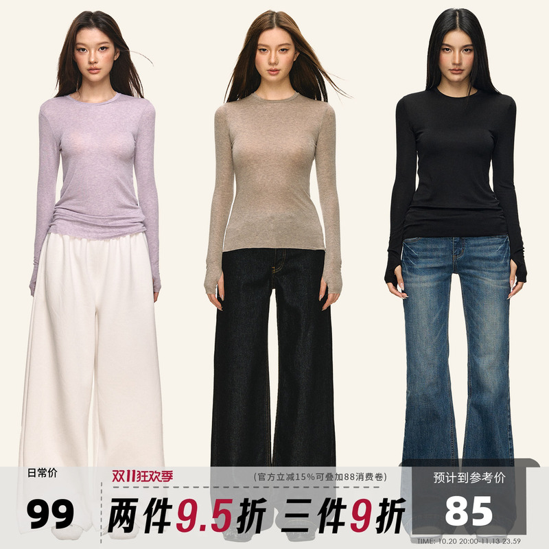 Anna Aneae Tencel Wool Inner Layer Base Shirt for Women, Autumn and Winter Basic Versatile Purple Tight-Fitting Long-Sleeve Top