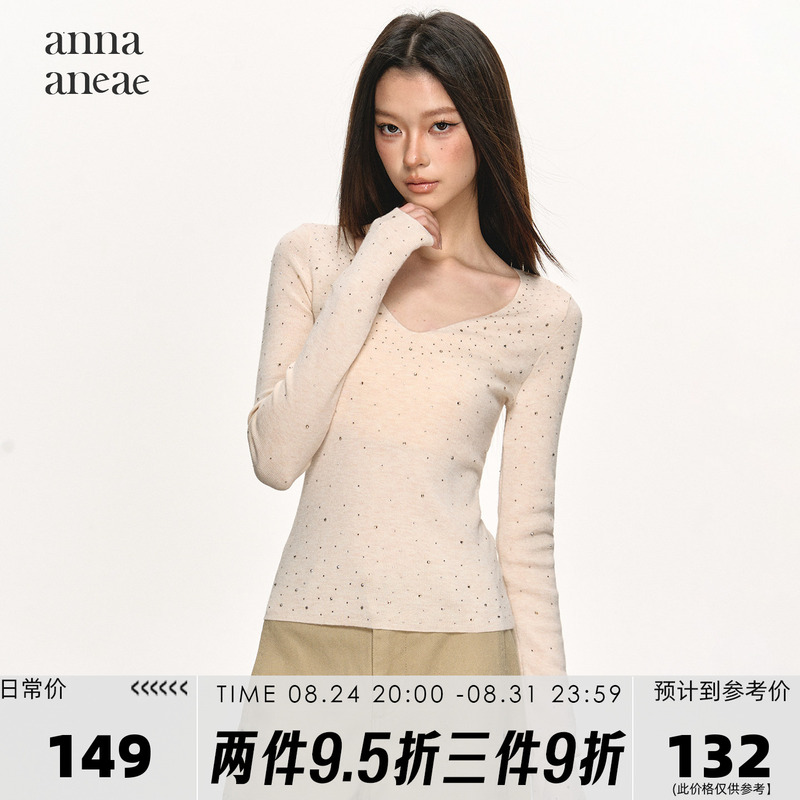 Anna Aneae Gold Rhinestone V-Neck Base Shirt Top for Women, New Spring Style, Lazy and Slim-Fitting Knitwear, Trendy Anna Aneae Gold Rhinestone V-Neck Base Shirt Top for Women, New Spring Style, Lazy and Slim-Fitting Knitwear, Trendy