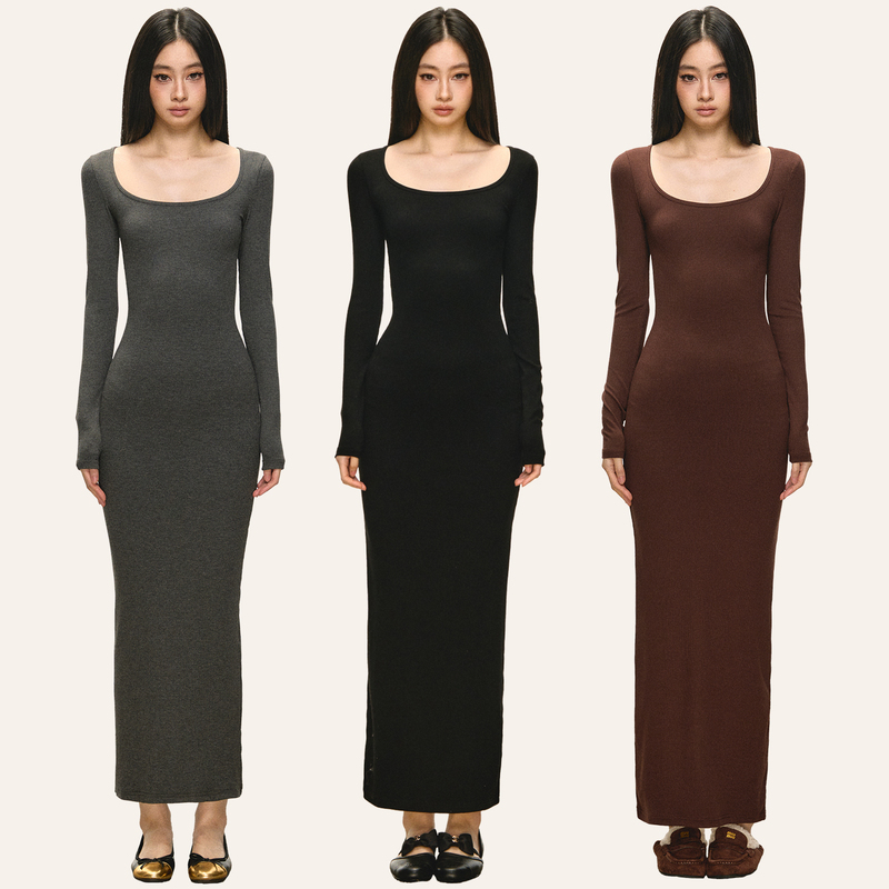 Anna Aneae Knitted Long-Sleeve Dress for Women, Spring and Autumn Inner Layer, Gray Slim-Fit Bodycon Skirt, A-Line Long Skirt