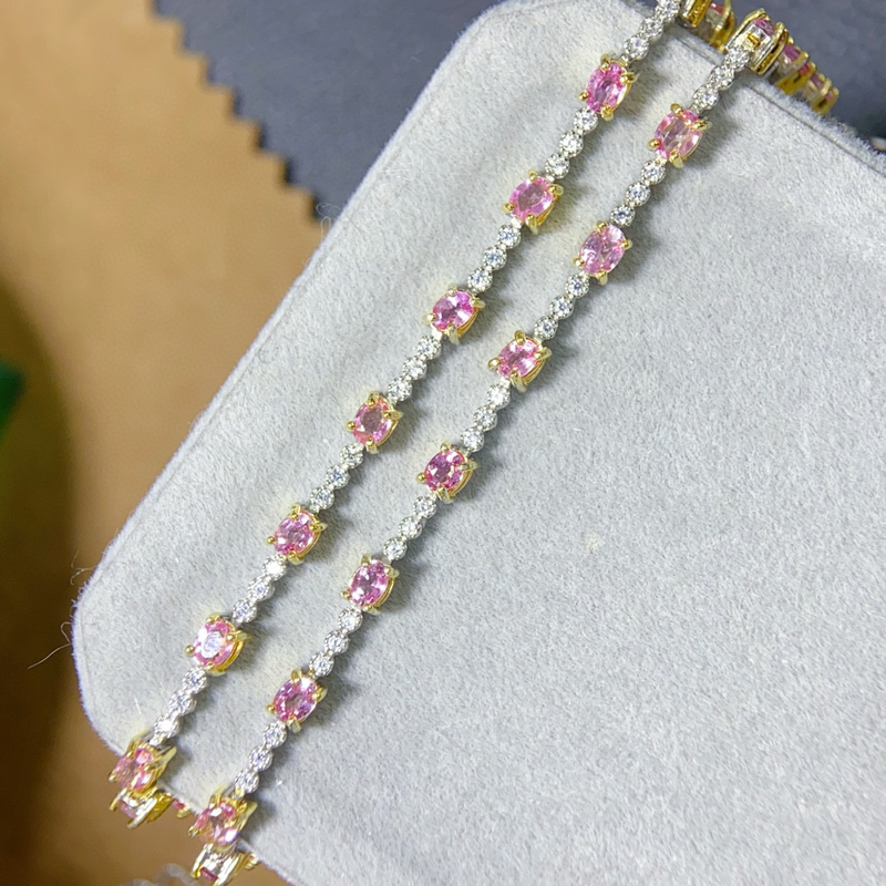 Padparadscha Pink Sapphire Bracelet with Full Fire Color Main Stone 3*4mm, 925 Silver with Platinum Plating, Heavy Silver
