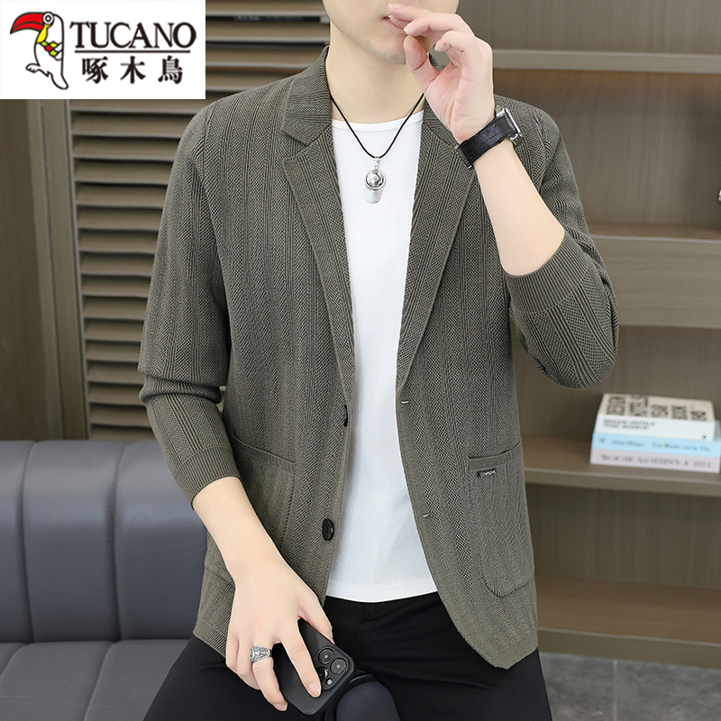 Woodpecker New Knitted Cardigan Sweater for Men, Spring and Autumn Trendy Casual High-End Suit Collar Slim Fit Jacket