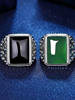 925 Silver Emerald Agate Obsidian Men's Personalized Bold Adjustable Ring Green Chalcedony Vintage Gift for Father