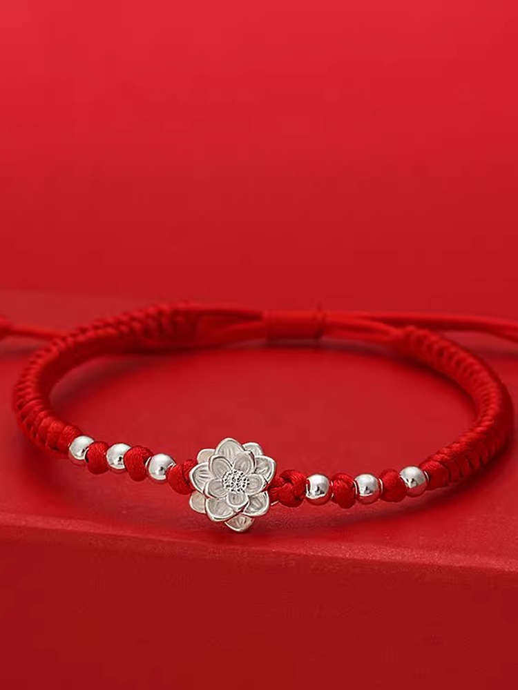 999 Pure Silver Good Luck Bracelet for Women, Silver Lotus Seed Pod Fortune Bead Bracelet, Woven Red String Bracelet Jewelry