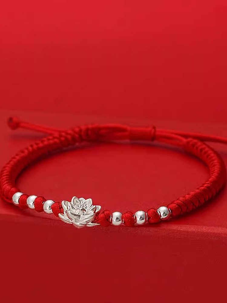 999 Pure Silver Good Luck Bracelet for Women, Silver Lotus Seed Pod Fortune Bead Bracelet, Woven Red String Bracelet Jewelry