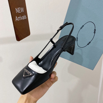 2022 new net red square head all-match half-bag style back empty one-word belt sandals thick heels retro leather high heels women