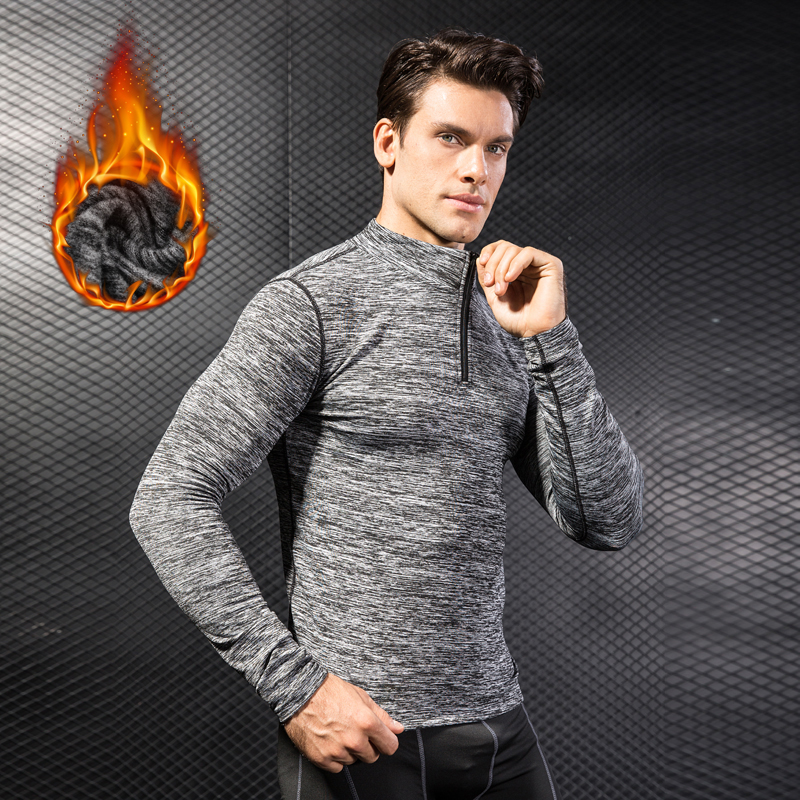Autumn Winter Sports Tight Fit Men's Glint Warm Long Sleeves Speed Dry High Play Fitness Running Training Suction Sweatshirt Big Size