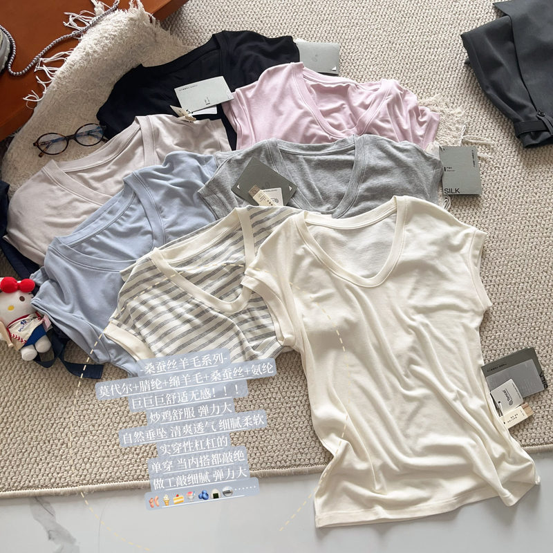 Silk and Wool! Soft and Comfortable Modal Basic U-Neck Slimming Short-Sleeve Thin T-Shirt with a Round Neck Top Silk and Wool! Soft and Comfortable Modal Basic U-Neck Slimming Short-Sleeve Thin T-Shirt with a Round Neck Top
