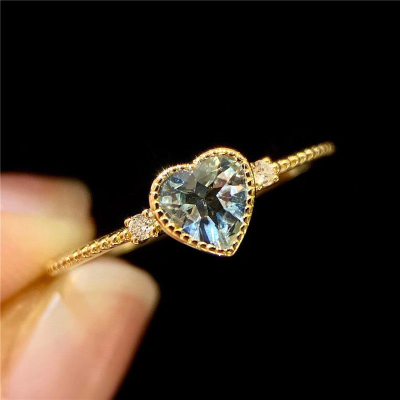 18K Gold Love Heart-shaped Sea Sapphire 35 Sub-drill 3 Ring Female Ring Arm Retro Everyday Little Clear New