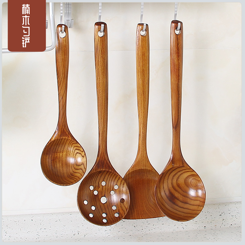 Nan wood long handle wooden large soup spoon Japanese household solid wood porridge spoon rice spoon kitchen pot spatula hot pot colander set