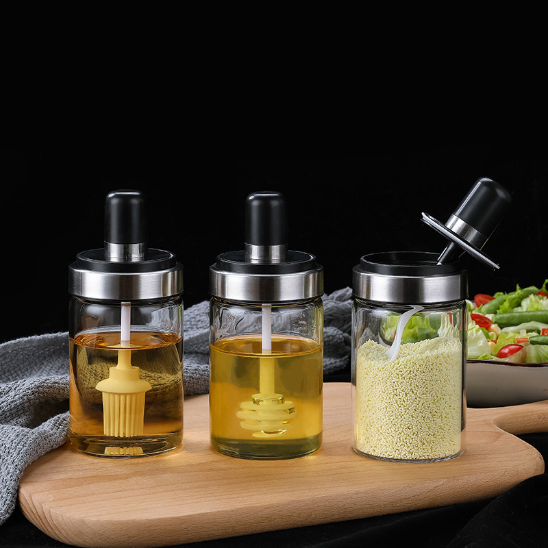 Moisture-proof seasoning box Glass household sealed seasoning bottles and jars Salt cans Kitchen sugar monosodium glutamate bottles and cans Brush oil pot set