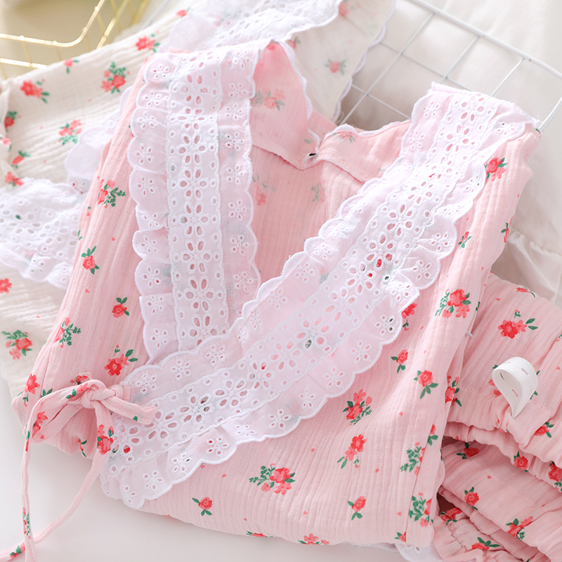 Breathable confinement clothing summer day thin postpartum cotton gauze June 7 sweat-absorbent lace nursing pregnant women pajamas