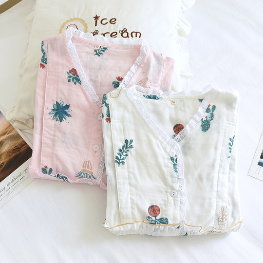 Sweat-absorbing spring and summer confinement clothes in March 45 thin postpartum cotton gauze large size 200 catties breastfeeding pregnant women pajamas
