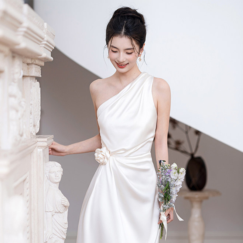 French-Style Engagement Dress, White 2026 New Model, Light Wedding Dress for Registration, Bridal Morning Gown, Elegant Small White Dress for the Bride