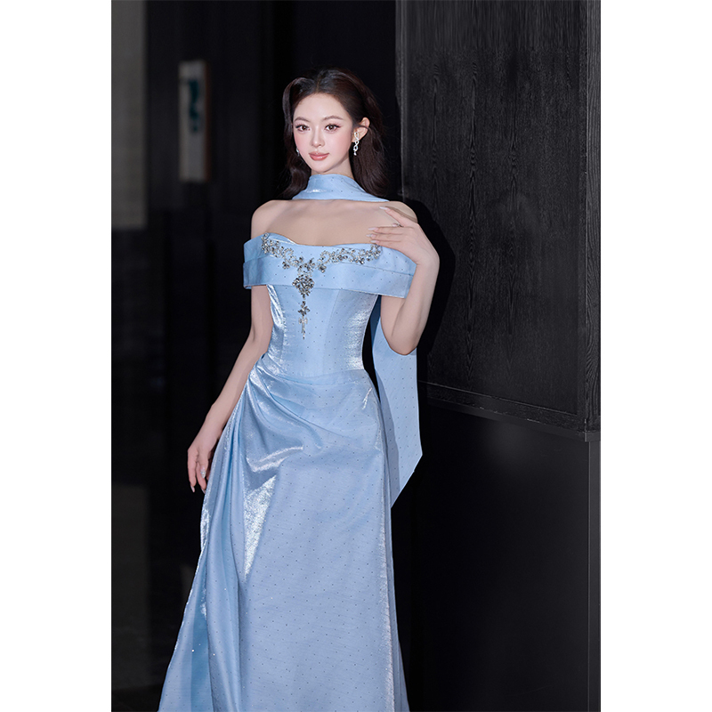 Blue High-End Off-The-Shoulder Evening Dress for Women, Heavy Craftsmanship, Light Luxury, Birthday, Coming-Of-Age Ceremony, Socialite Princess Dress, High-Class Feel