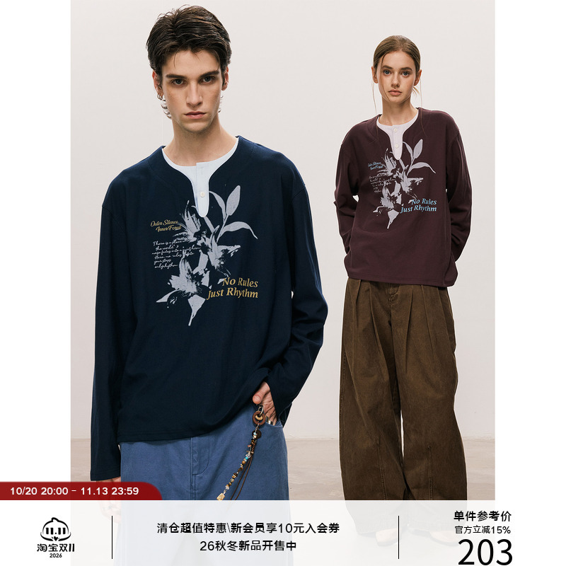 Lr Made 26Aw Fake Two-Piece Color-Block Henry Collar Floral Slogan Pattern Textured Long-Sleeve Printed T-Shirt